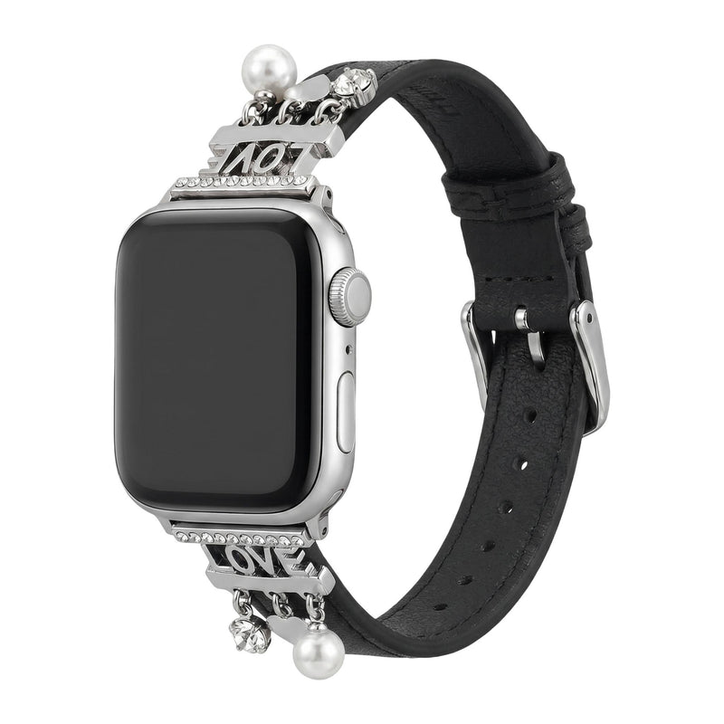 Bracelet Apple watch chic avec charms scintillants pour un look radieux, love et coeurs, modèle Erdia