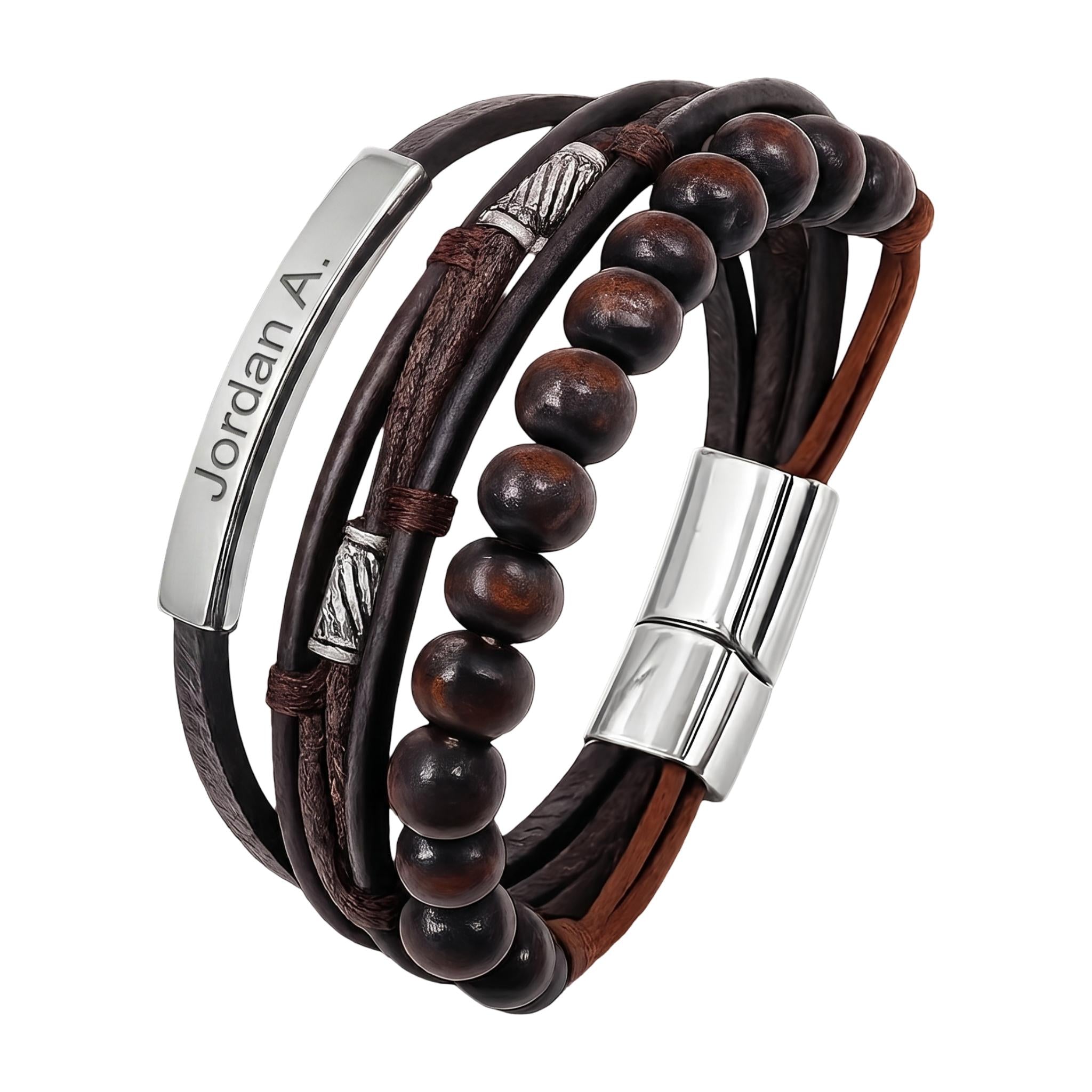 Bracelet personnalisé multirangs, lanières tressées et perles en bois, fermoir magnétique en acier inoxydable avec gravure personnalisée offerte, modèle Randal