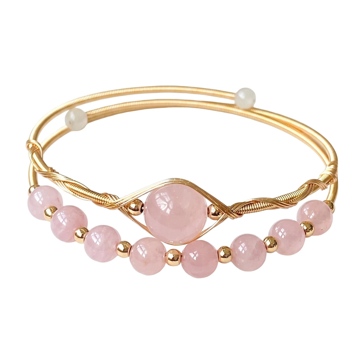 Double-row cuff bracelet in natural stones, twisted gold wire, beads at the ends, Stivine model