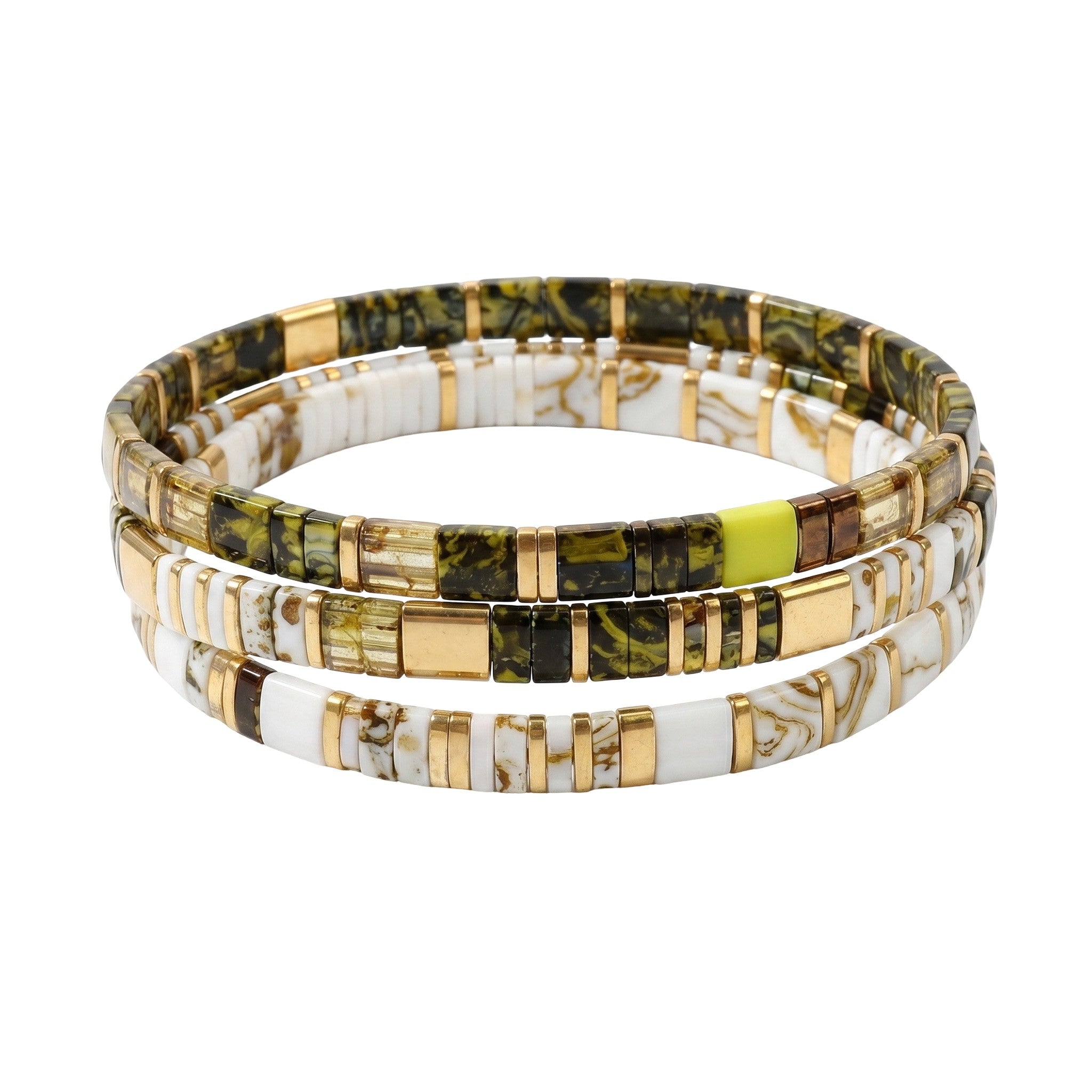 Trio aus Miyuki-Perlenarmbändern aus Japan in Kaki und marmoriertem Weiß, Schmuckset für Damen, elastische Armbänder, 3-teiliges Set, modische Accessoires, Modell Masata