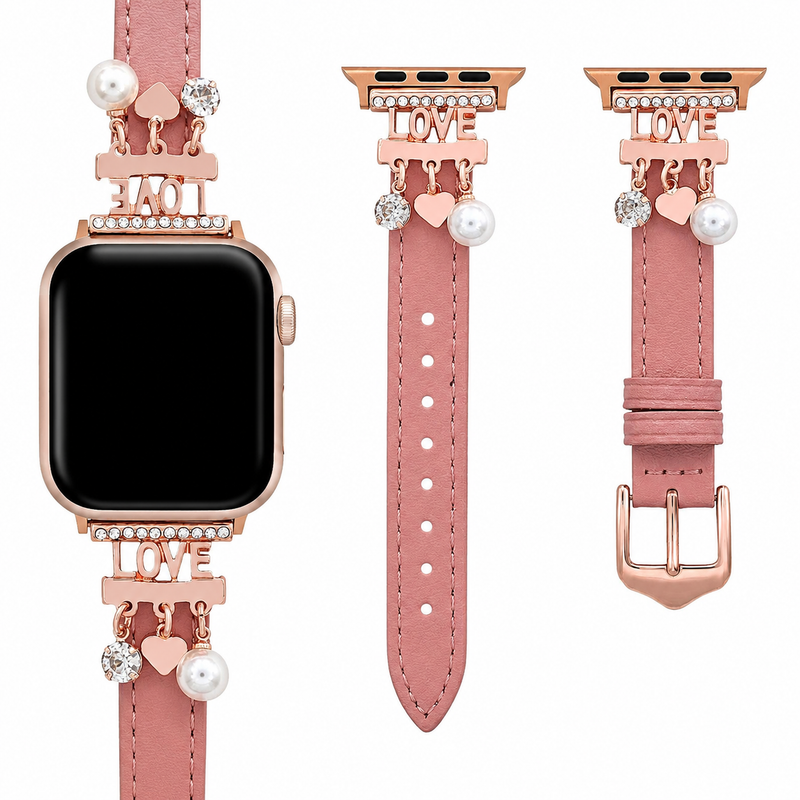 Bracelet Apple watch chic avec charms scintillants pour un look radieux, love et coeurs, modèle Erdia
