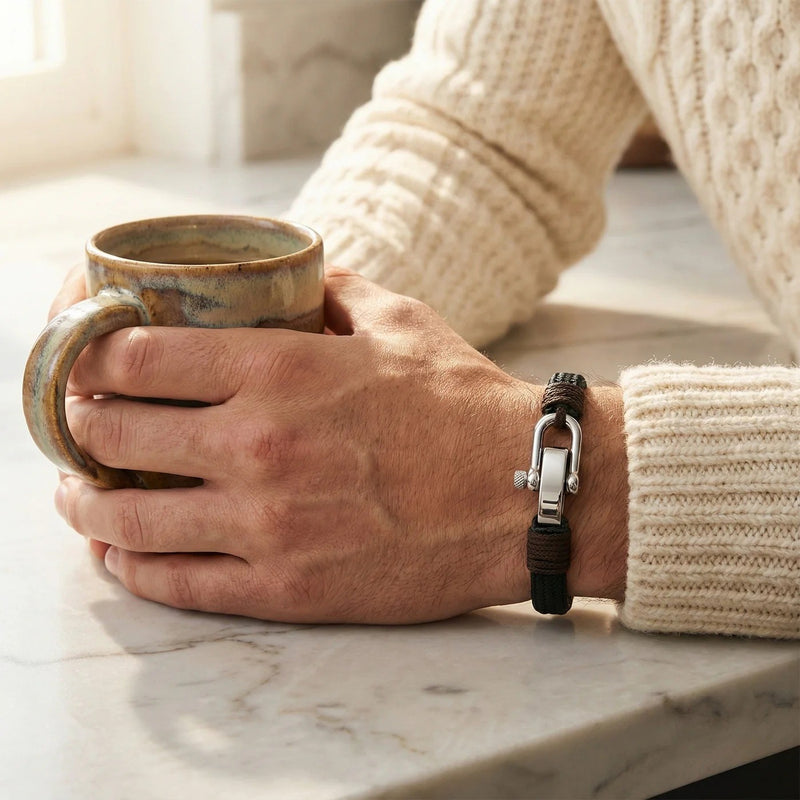 Bracelet homme en coton noir tressé avec fermoir manille en acier inoxydable style marin, ajustable.