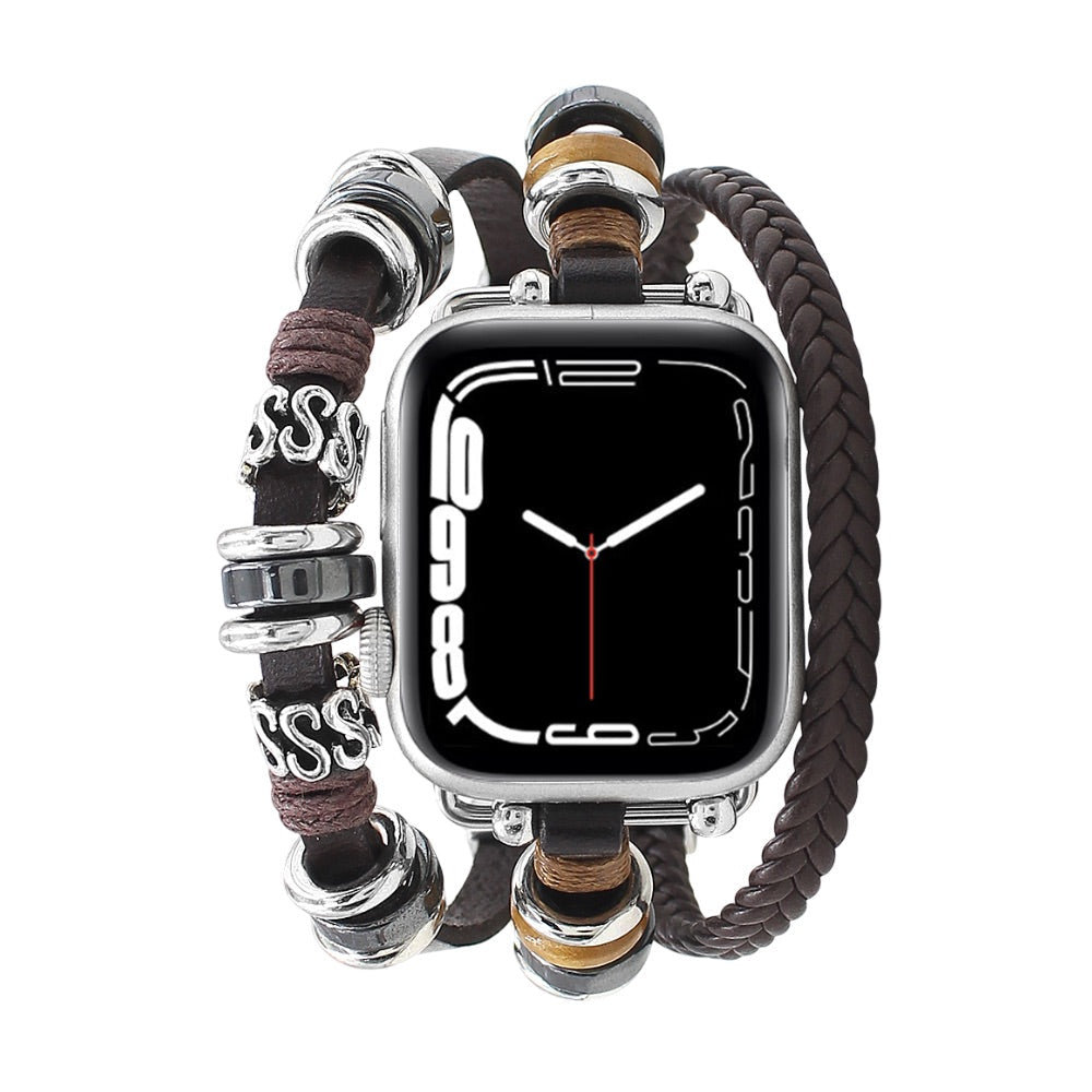 Bracelet pour Apple Watch homme multi-rangs en cuir marron tressé avec perles acier argenté et détails ronds boisés.