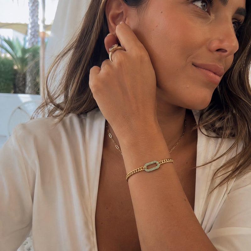 Bracelet gourmette doré, maille cubaine en acier inoxydable, maillon central serti de zirconiums, ajustable, modèle Cindelle