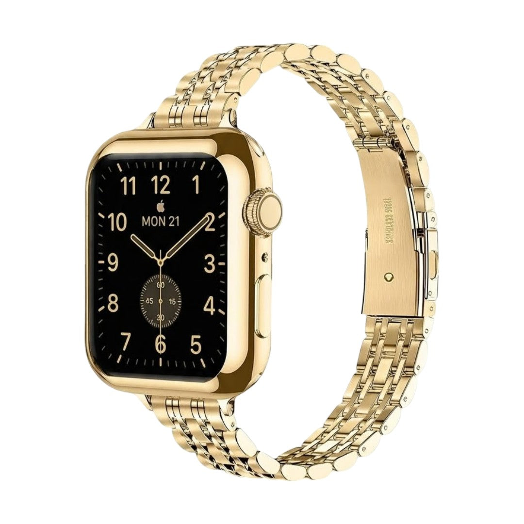 Coque intégrale dorée en acier inoxydable brillant pour Apple Watch avec bracelet chaîne et fermeture déployante raffinée.