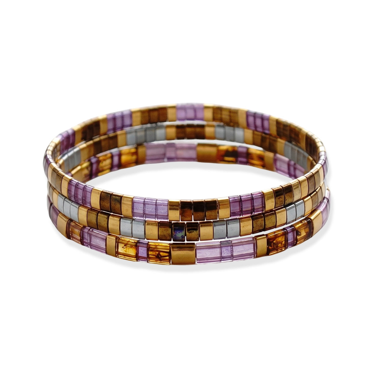 Trio de bracelets élastiques en perles Tila, reflets lilas dorés et argentés, modèle Misaka