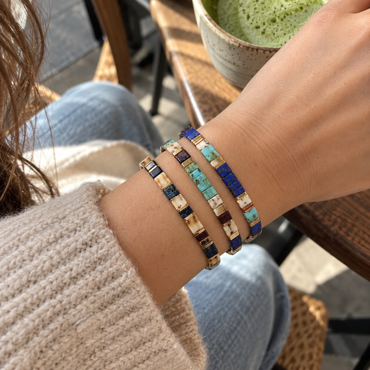 Trio de bracelets en perles du Japon Tila, bleu cobalt turquoise et ivoire marbré, modèle Chihisu