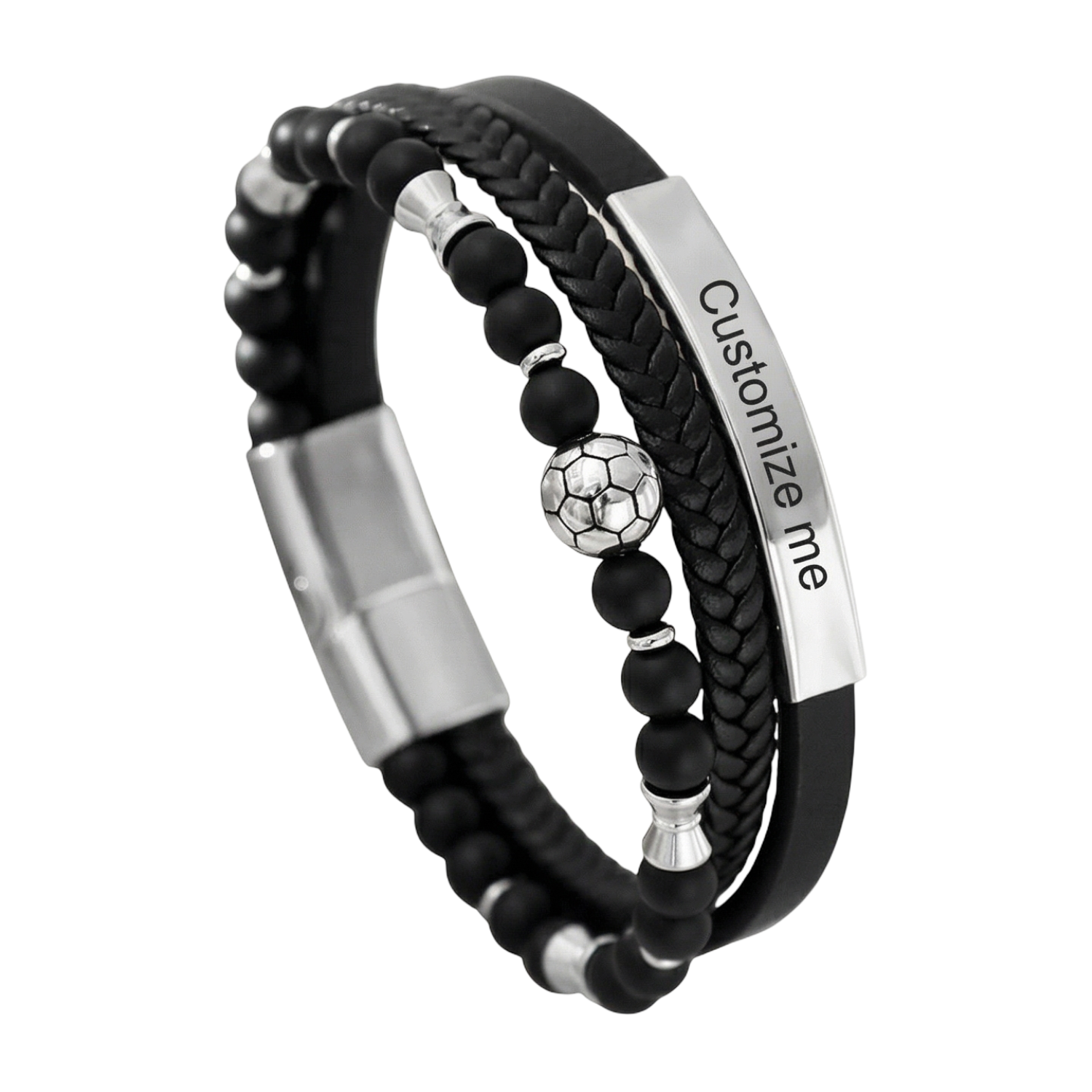 Bracelet masculin noir en cuir tressé avec perles noires, perle centrale ballon de football blanc, plaque acier.