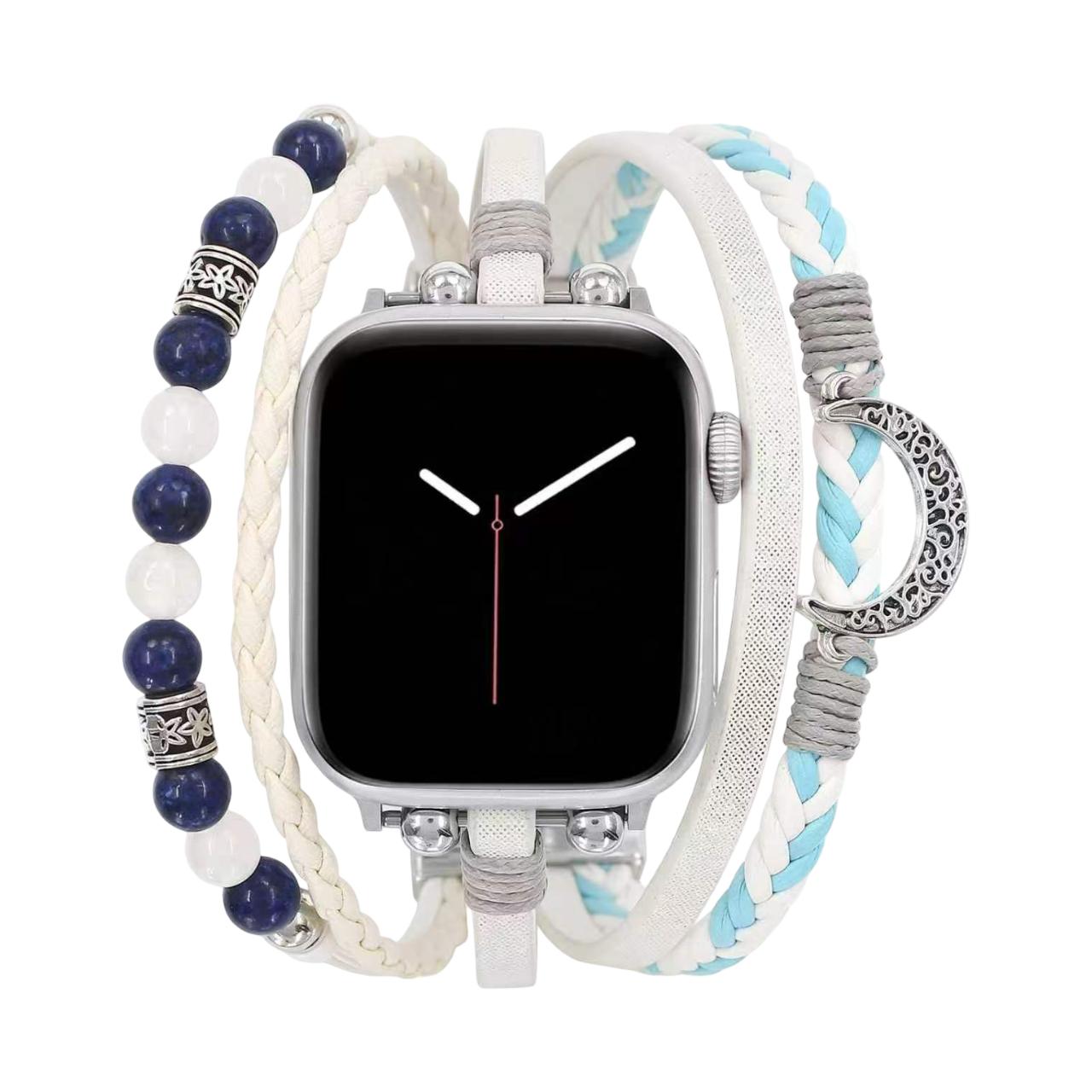 Bracelet Apple Watch multirang blanc et bleu, pierres naturelles et pendentif lune, fermoir ajustable sans outil, modèle Hécate