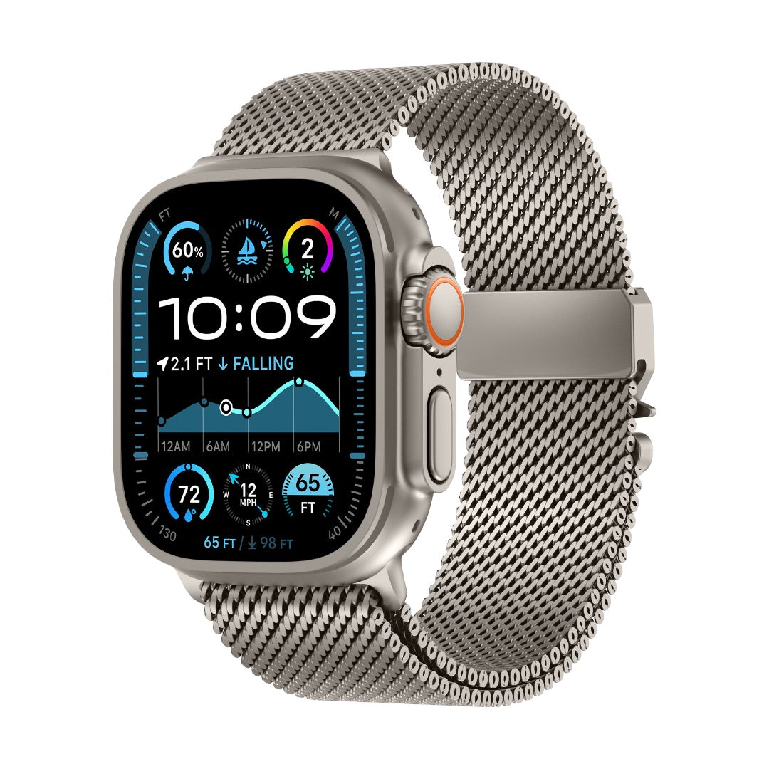 Bracelet maille milanaise en acier inoxydable gris argenté pour Apple Watch, fermoir sécurité parachute tactique, design.