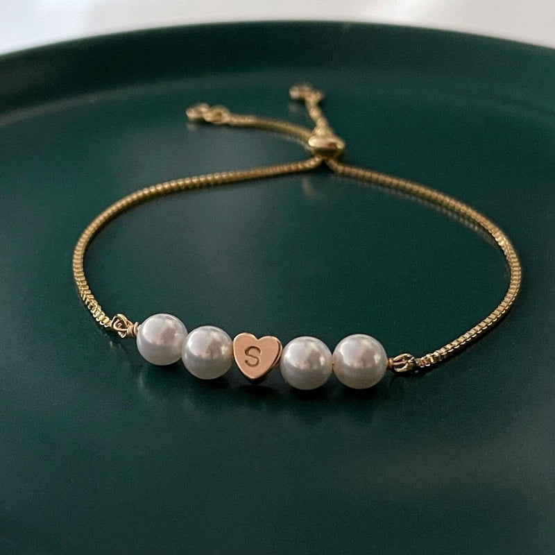 Bracelet ajustable en acier inoxydable, perles synthétiques, cœur personnalisable à graver, modèle Exposita