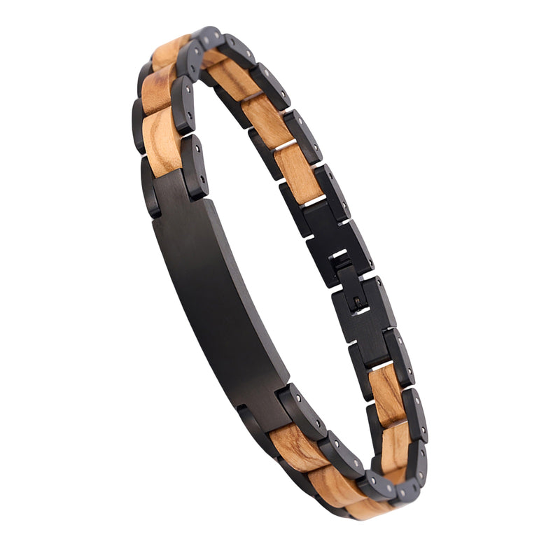 Bracelet en bois et acier inoxydable, plaque personnalisable par gravure, maillons ajustables, modèle Vodin