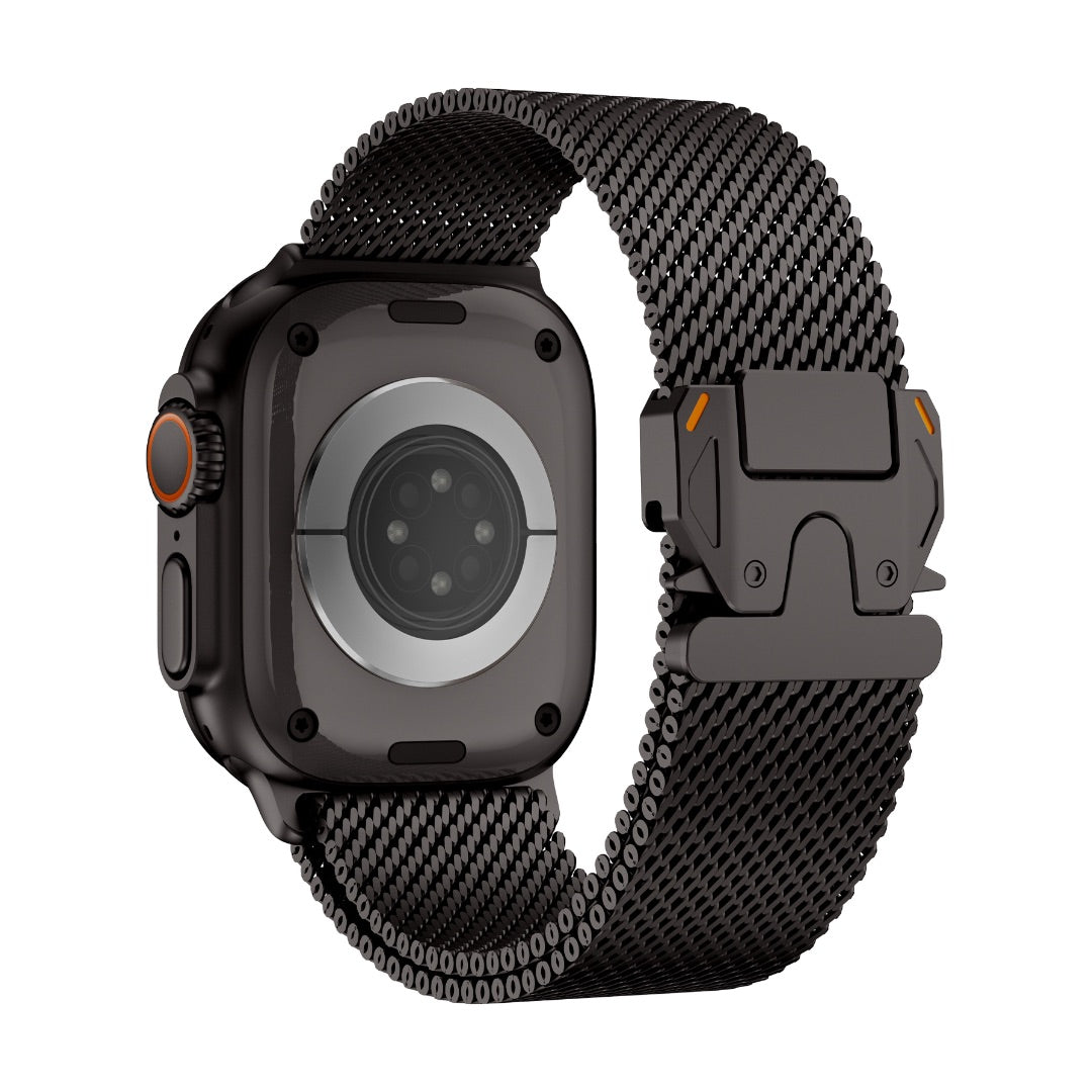 Bracelet Apple Watch maille milanaise en acier inoxydable noir avec fermoir sécurité parachute tactique design Élanko.