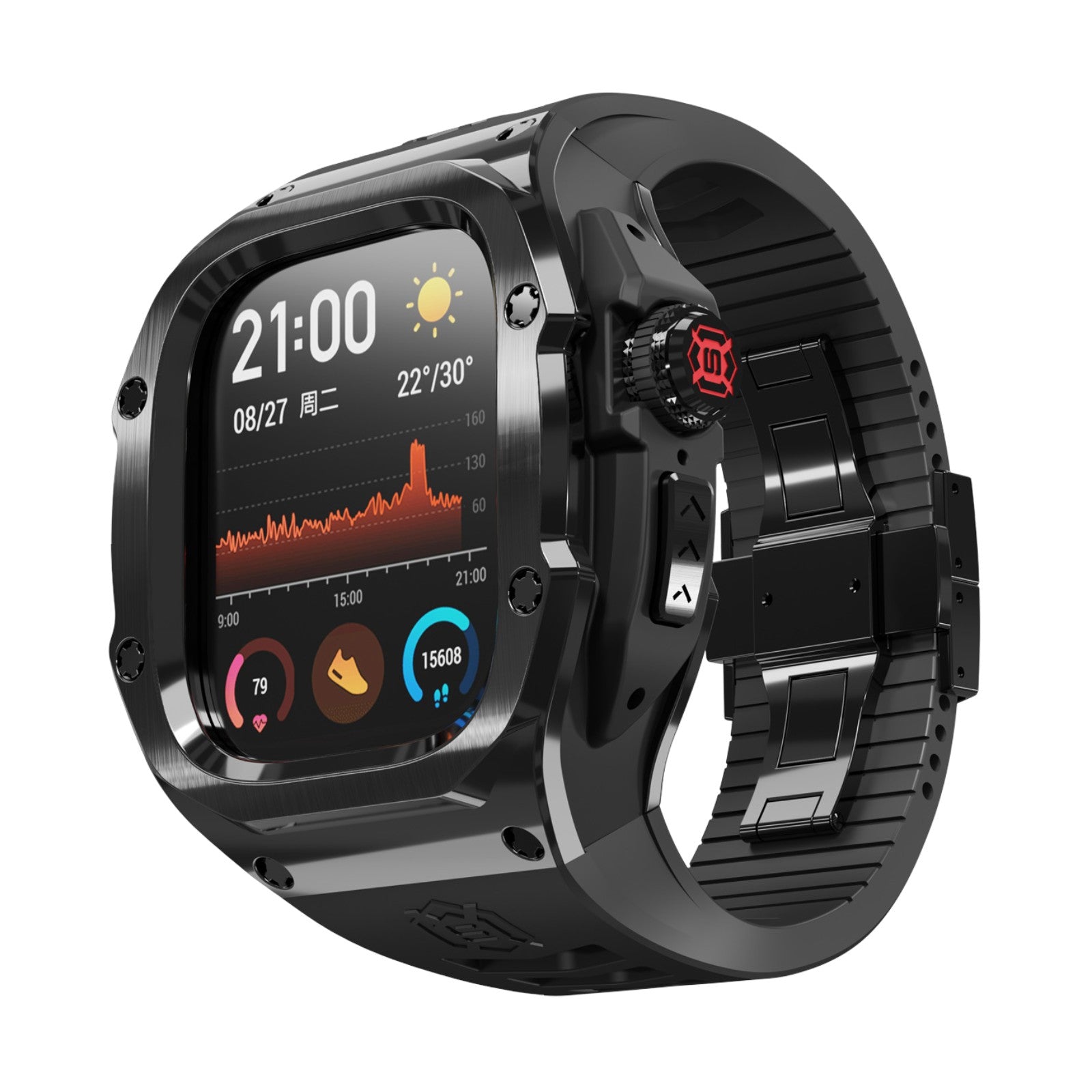 Coque intégrale noire en métal renforcé pour Apple Watch Ultra 49 mm avec design robuste et protections angulaires.