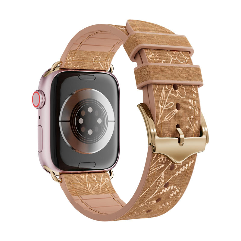 Apple Watch Armband für Damen, florales Muster in Gold, Leder und Silikon, Dornschließe, elegantes Accessoire, Modell Jendie