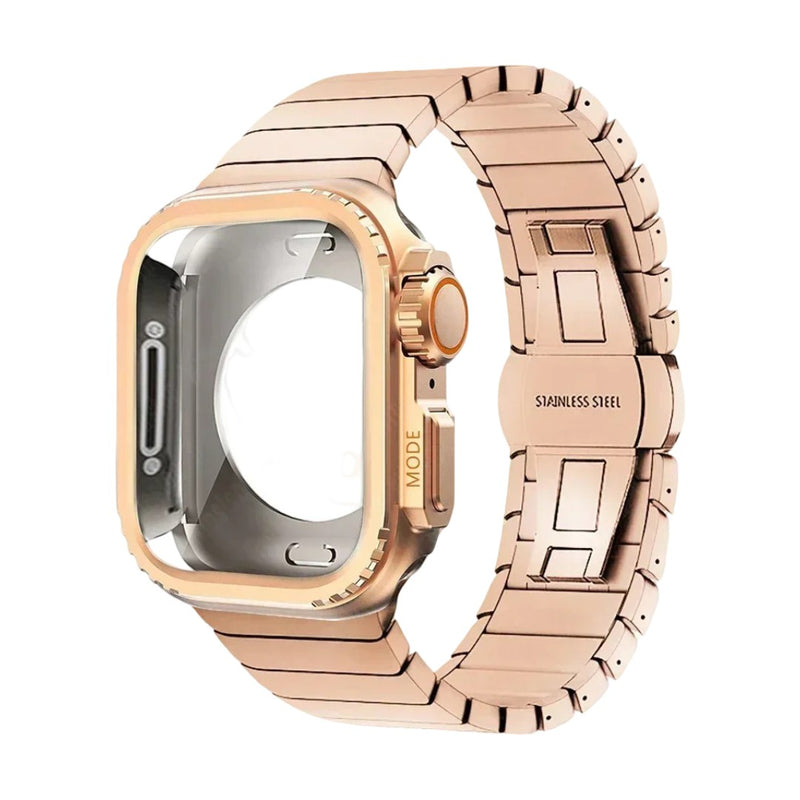 Armbånd i rustfrit stål med fuldt dækkende skal til Apple Watch, sikker sommerfuglelås, moderne sportsstil, model Zedix