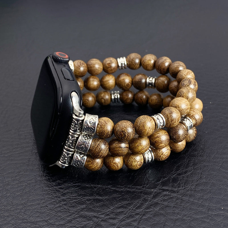 Bracelet Apple Watch en perles de bois, connecteurs argentés gravés, style ethnique chic, élastique, modèle Woody