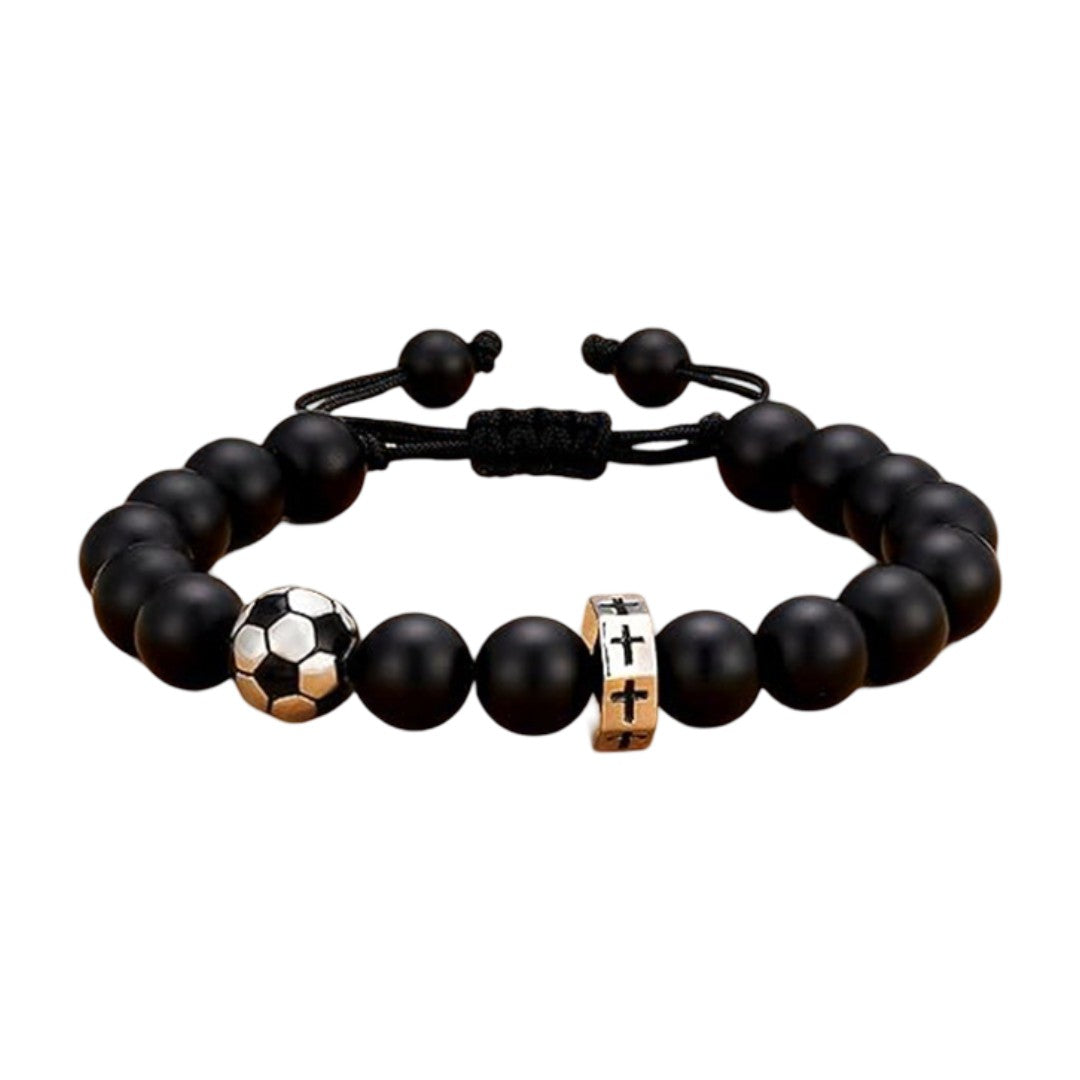 Sportliches Armband mit schwarzen Perlen, verstellbares Kordelarmband mit Kugelperle in Form eines Fußballs, Basketballs, Baseballs oder Golfballs aus Edelstahl, Modell Sporta