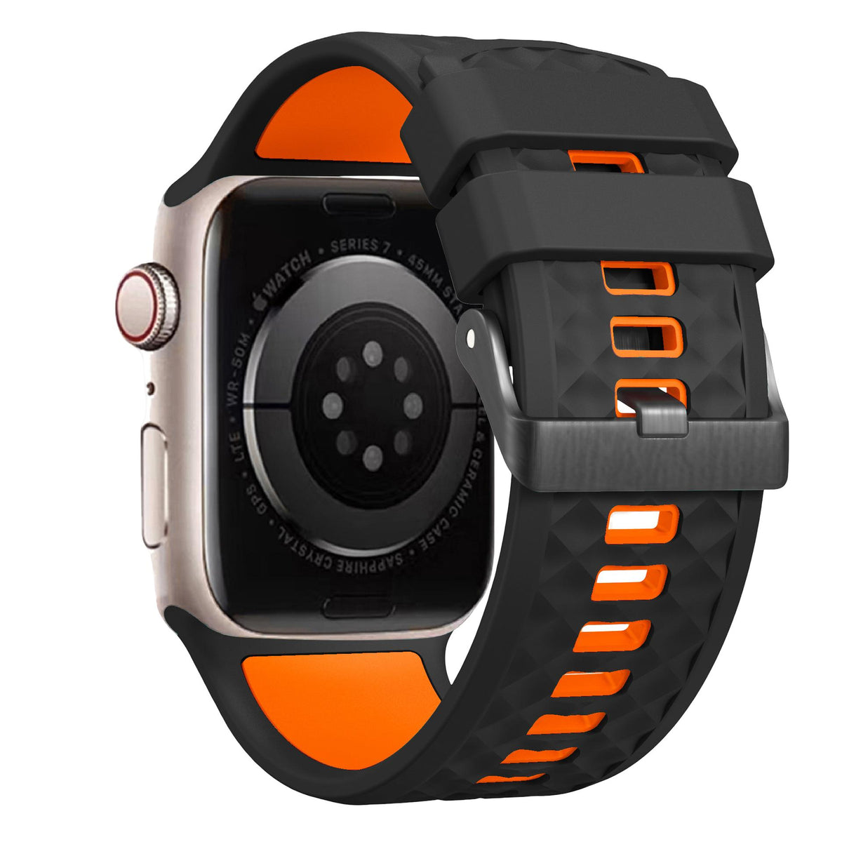 Bracelet silicone compatible Apple Watch, texture géométrique, boucle ardillon réglable, idéal sport, modèle Brush