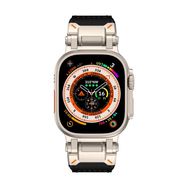 Bracelet cuir noir et beige pour Apple Watch, boucle ardillon acier inoxydable, style robuste explorateur.