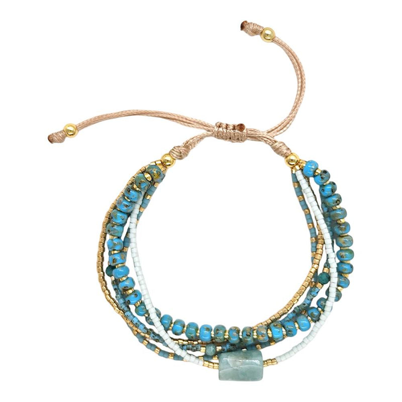 Bracelet multi-rangs en perles de verre du Japon, cordon ajustable avec détails en cuivre, éclat naturel pour le poignet, modèle Hitaya
