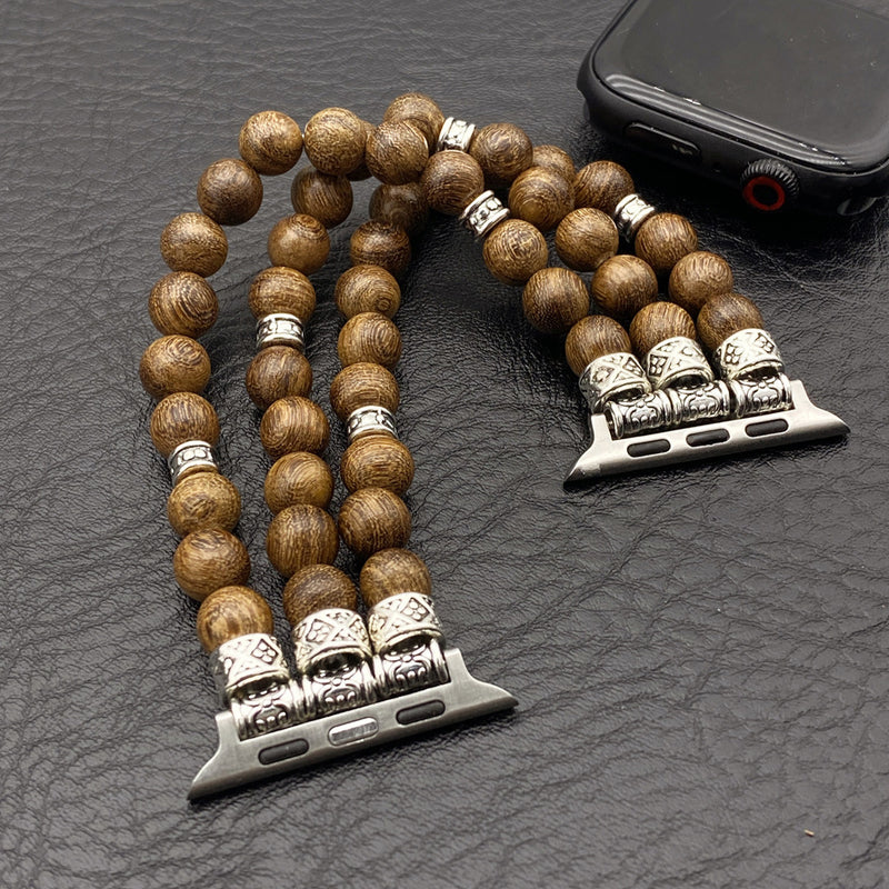 Bracelet Apple Watch en perles de bois, connecteurs argentés gravés, style ethnique chic, élastique, modèle Woody