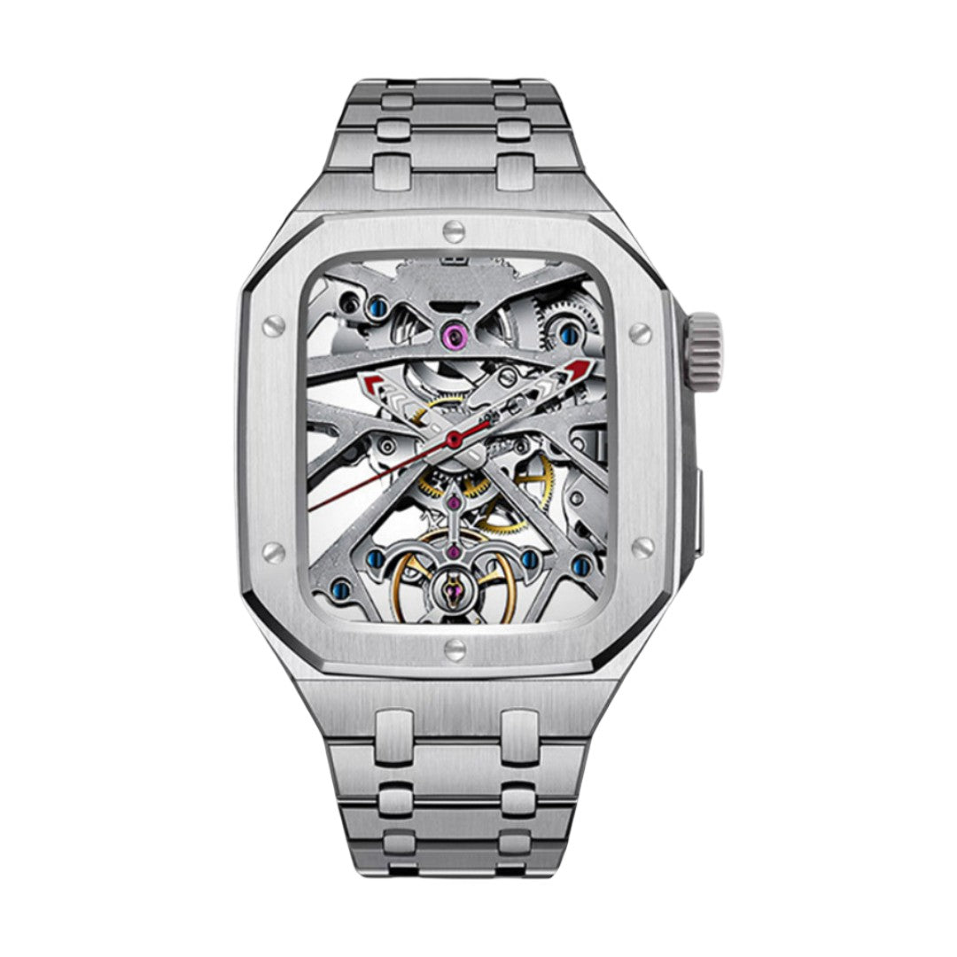 Montre en acier inoxydable avec cadran squelette détaillé et bracelet maille métallique argenté.