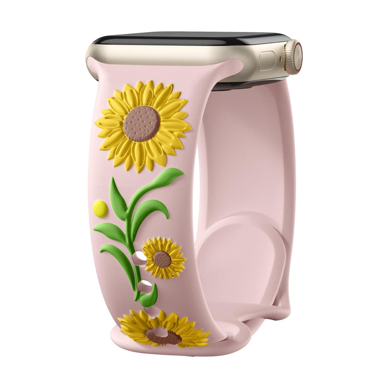 Bracelet Apple Watch silicone fleur de tournesol en relief, taille ajustable, disponible en plusieurs coloris, modèle Sunda