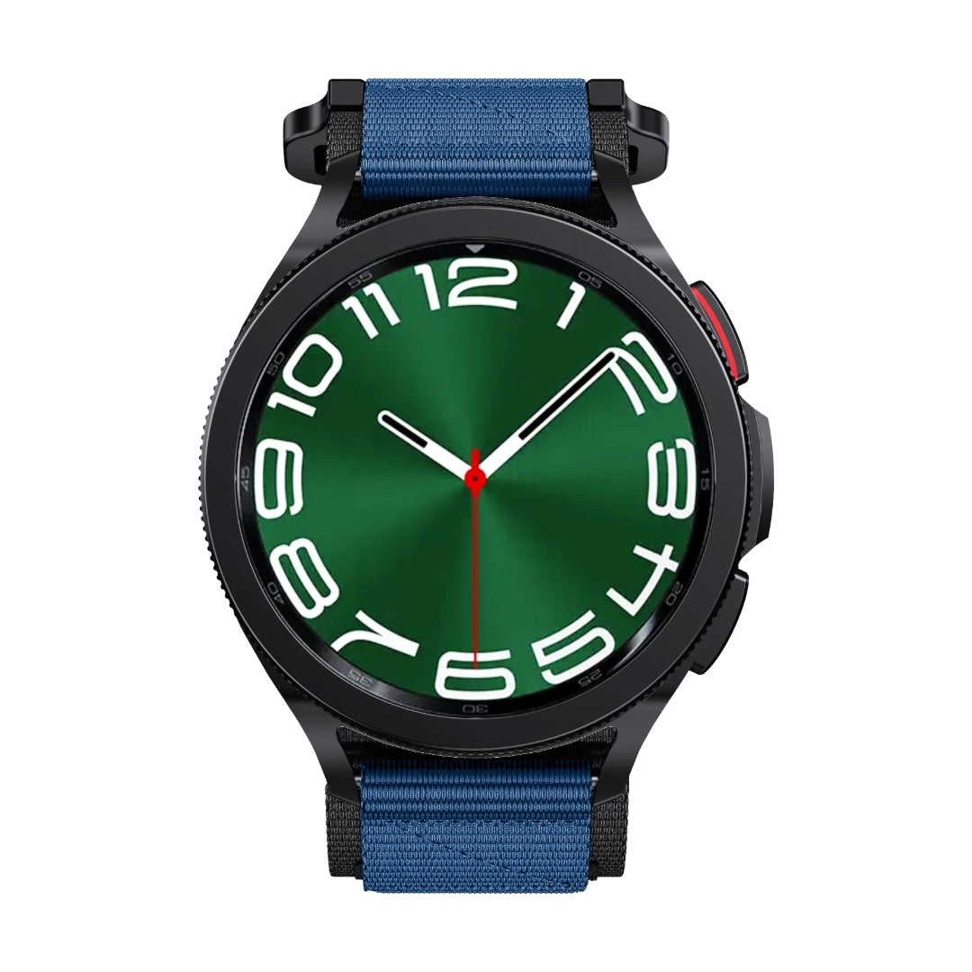 Bracelet nylon bleu ultra solide pour montre Garmin, système de fixation rapide, style sport et outdoor, réglable.