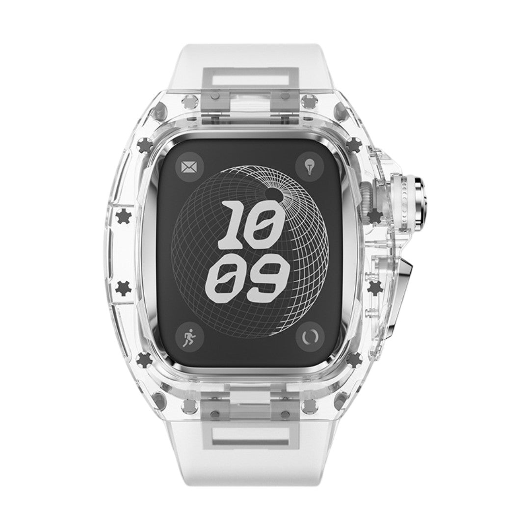 Coque intégrale transparente pour Apple Watch Ultra 49mm avec bracelet en PC, design moderne, boucle métal argenté.