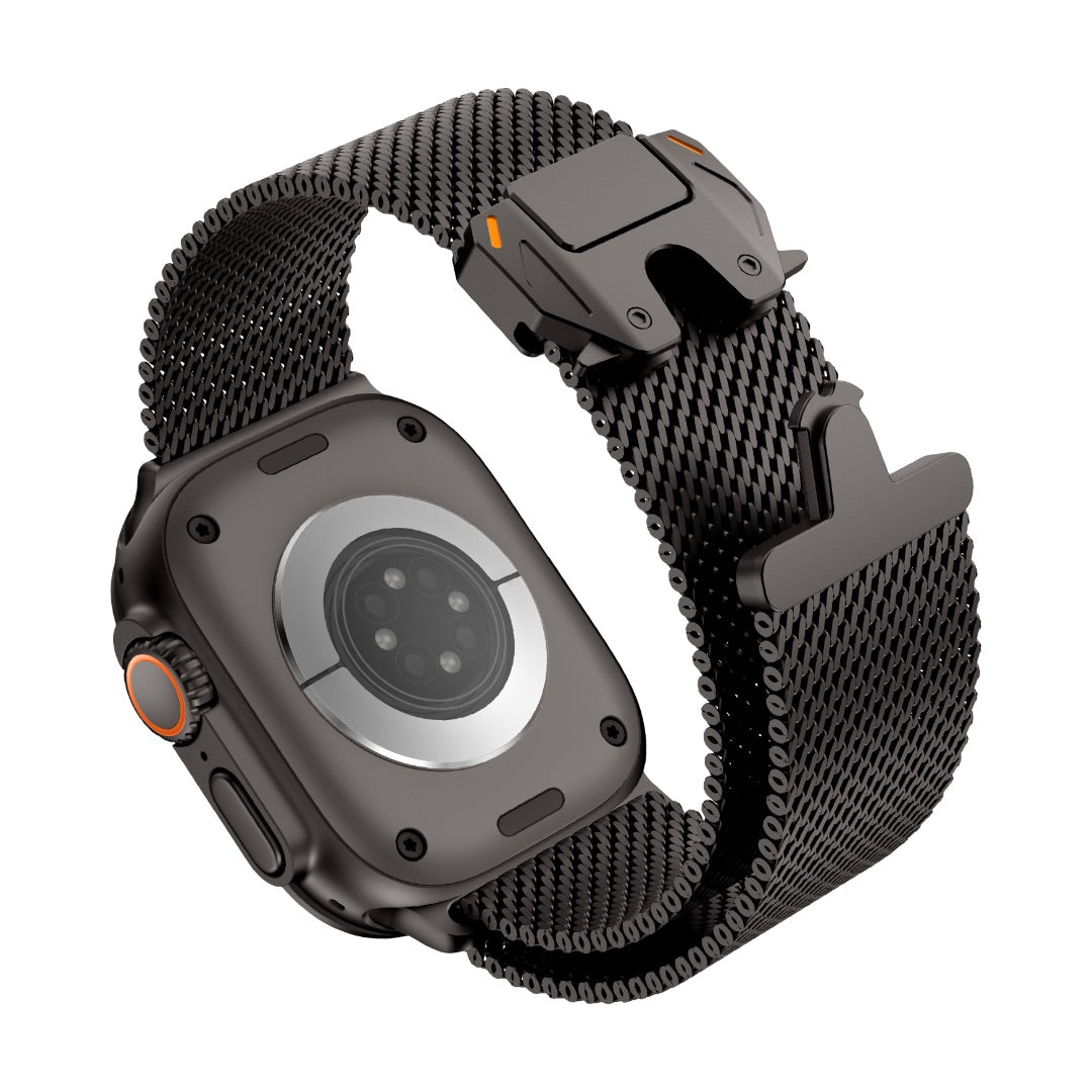 Bracelet Apple Watch maille milanaise en acier inoxydable noir avec fermoir sécurité parachute tactique robuste.