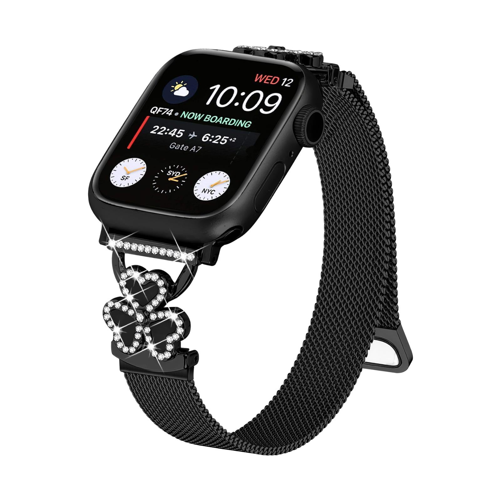Bracelet en maille pour Apple Watch, acier inoxydable avec fermoir magnétique, pendentif trèfle serti d'oxyde de zirconium et nacre, modèle Podale