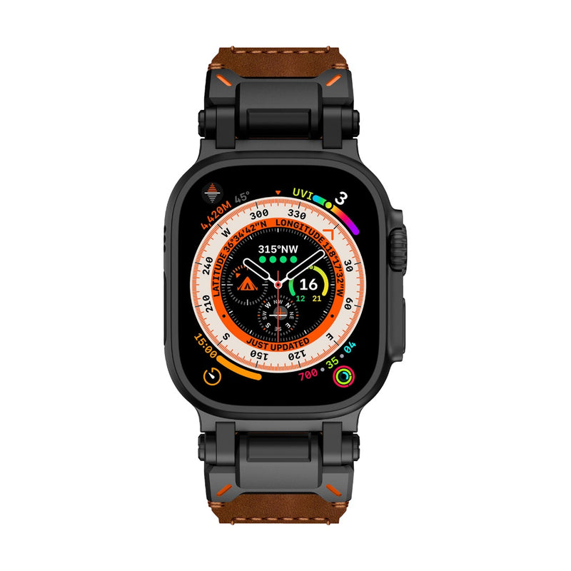 Bracelet Apple Watch cuir marron avec surpiqûres orange, fermoir boucle ardillon acier noir robuste, style explorateur.