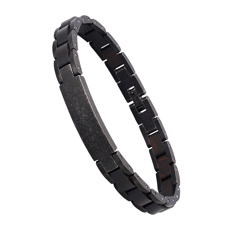 Bracelet en bois et acier inoxydable, plaque personnalisable par gravure, maillons ajustables, modèle Vodin