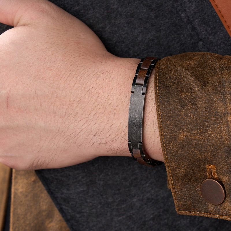 Bracelet en bois et acier inoxydable, plaque personnalisable par gravure, maillons ajustables, modèle Vodin