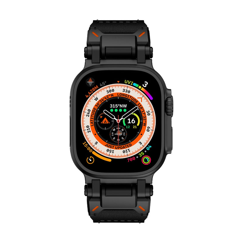 Bracelet robuste noir en cuir avec coutures orange, boucle ardillon en acier inoxydable, style explorateur pour Apple Watch.