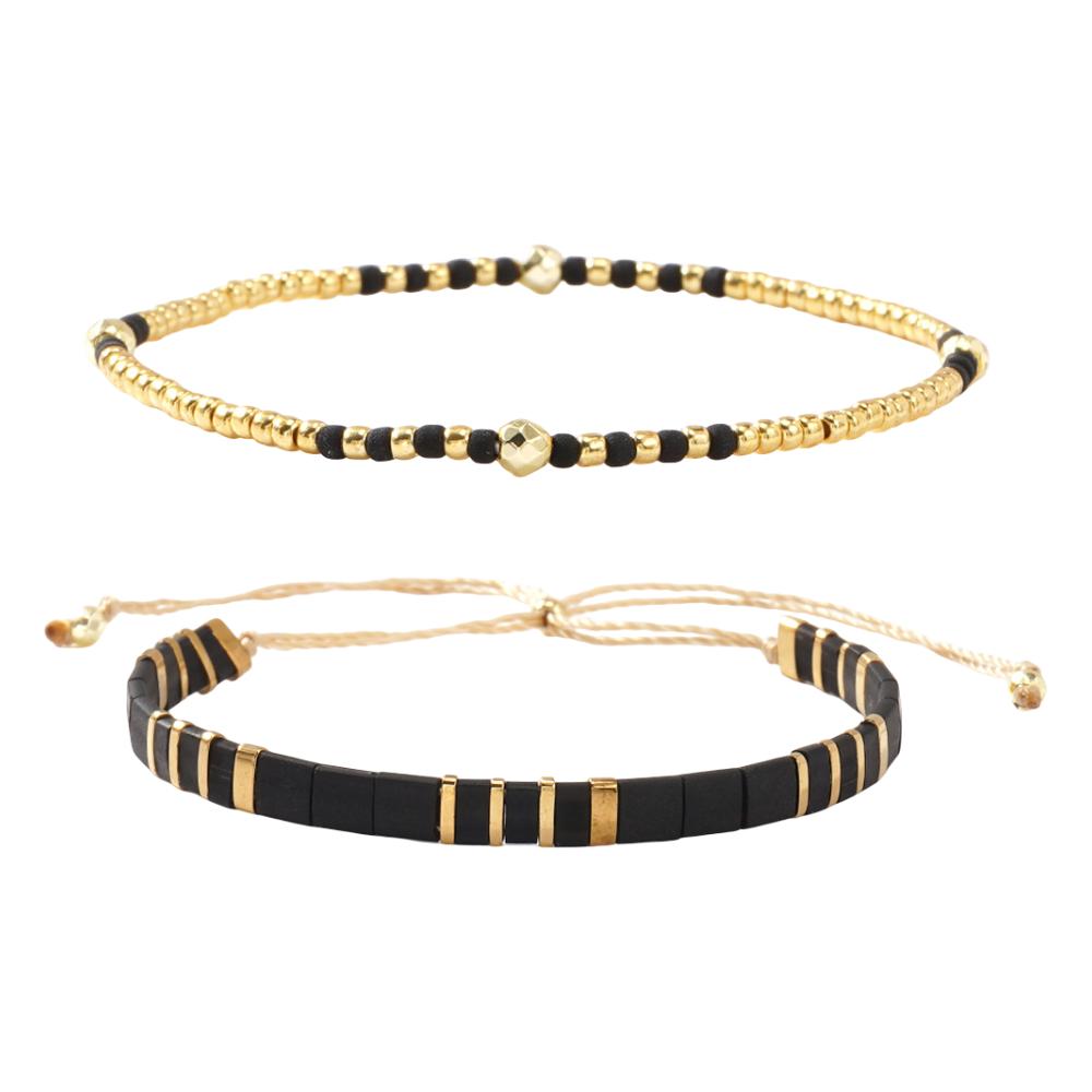 Duo de pulseiras em contas de vidro, cordão deslizante ajustável, joias douradas e coloridas para o pulso, modelo Madine