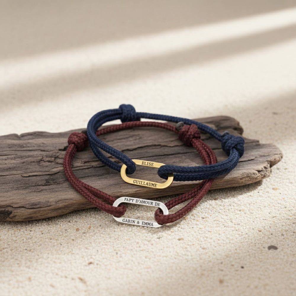 Bracelet cordon tressé ajustable, boucle acier inoxydable personnalisable, modèle Milor