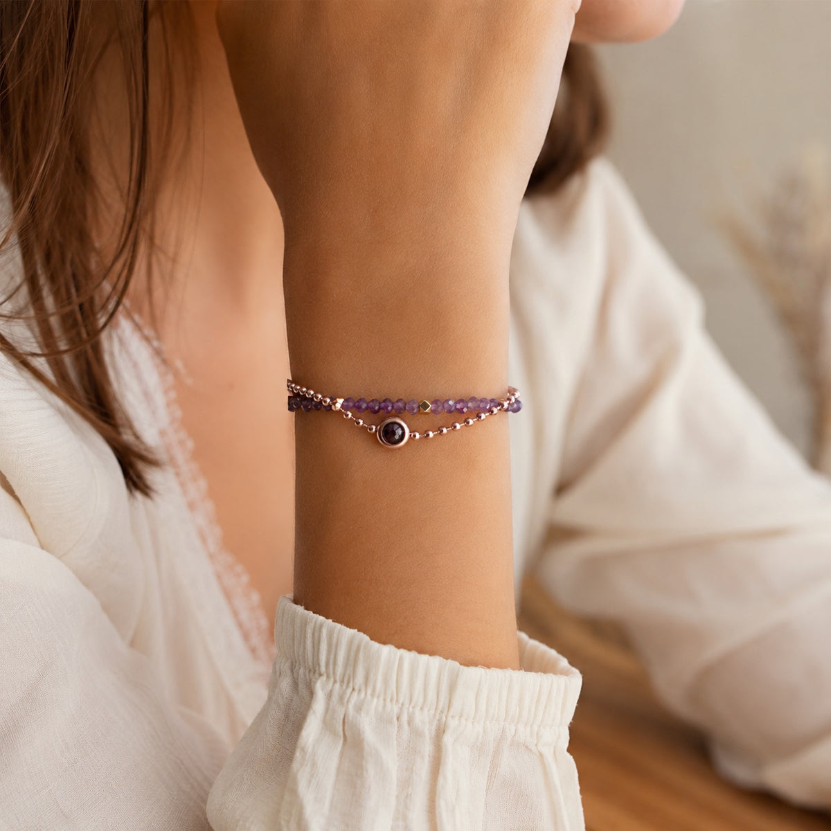 Bracelet photo personnalisé, double rang, en pierres naturelles, modèle Tila