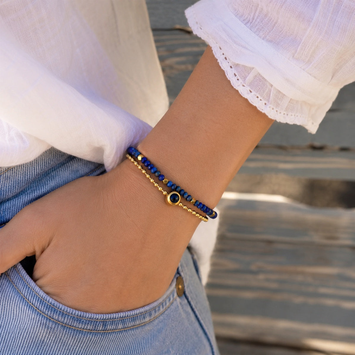 Bracelet photo personnalisé, double rang, en pierres naturelles, modèle Tila