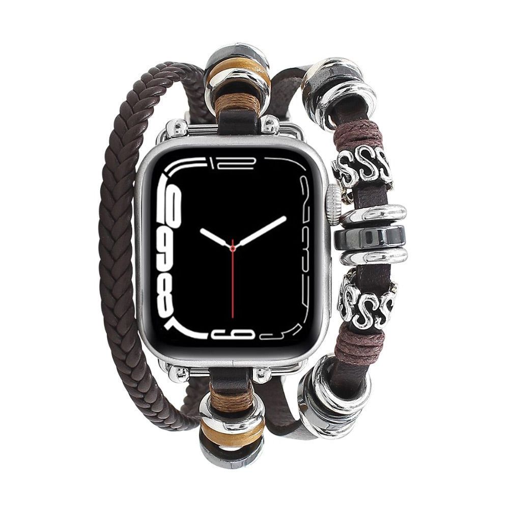 Bracelet Apple Watch multi-rangs marron en cuir tressé avec perles en acier argent et noir, ajustable pour homme.