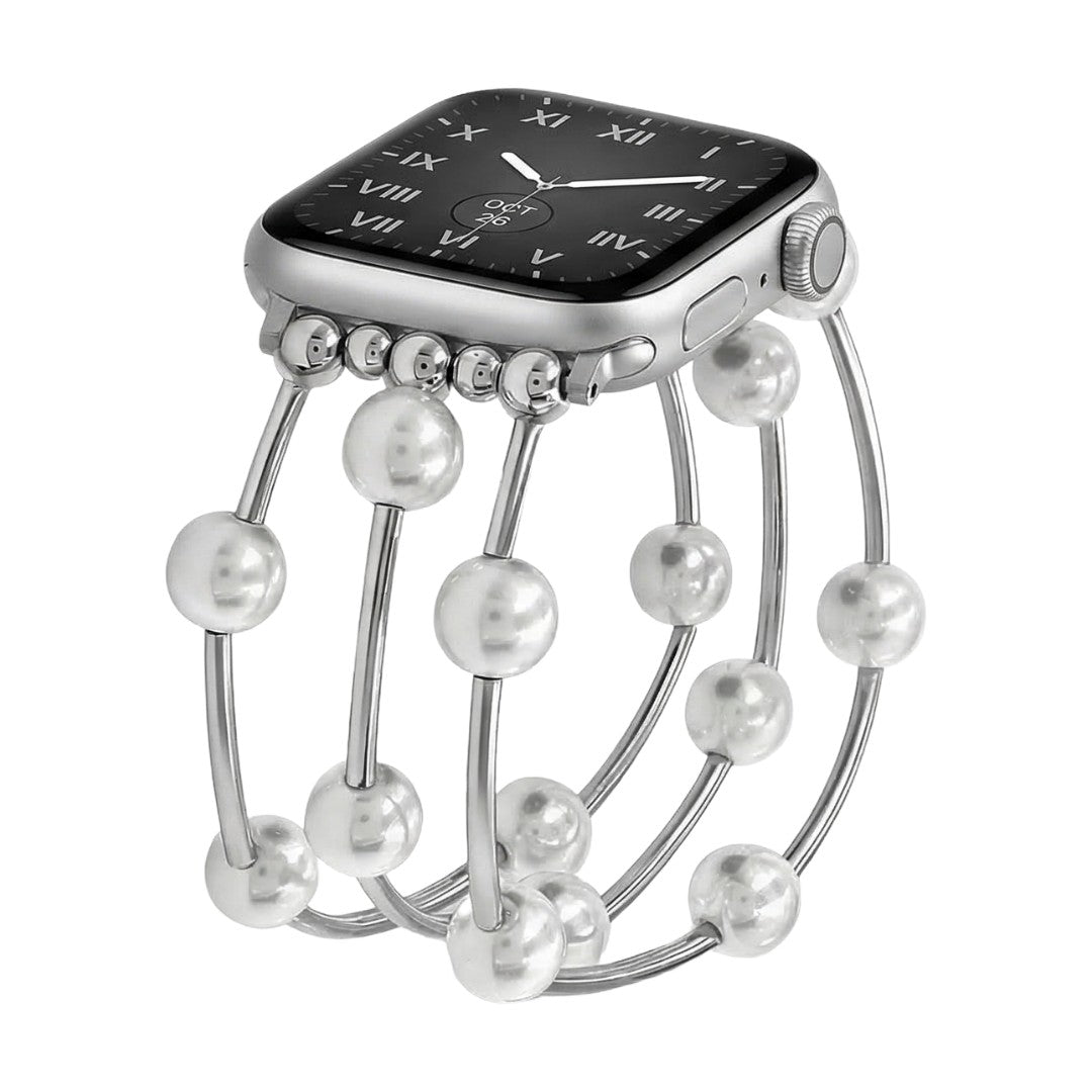 Apple Watch Bracelet for Women, White Beads, Gold or Silver Alloy, Elastic, Elegant Jewelry, Yourie Model
