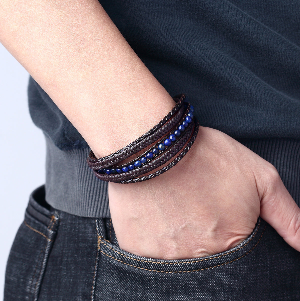 Bracelet personnalisé multi-rangs tressé, pierres naturelles, fermoir magnétique, modèle Aristote