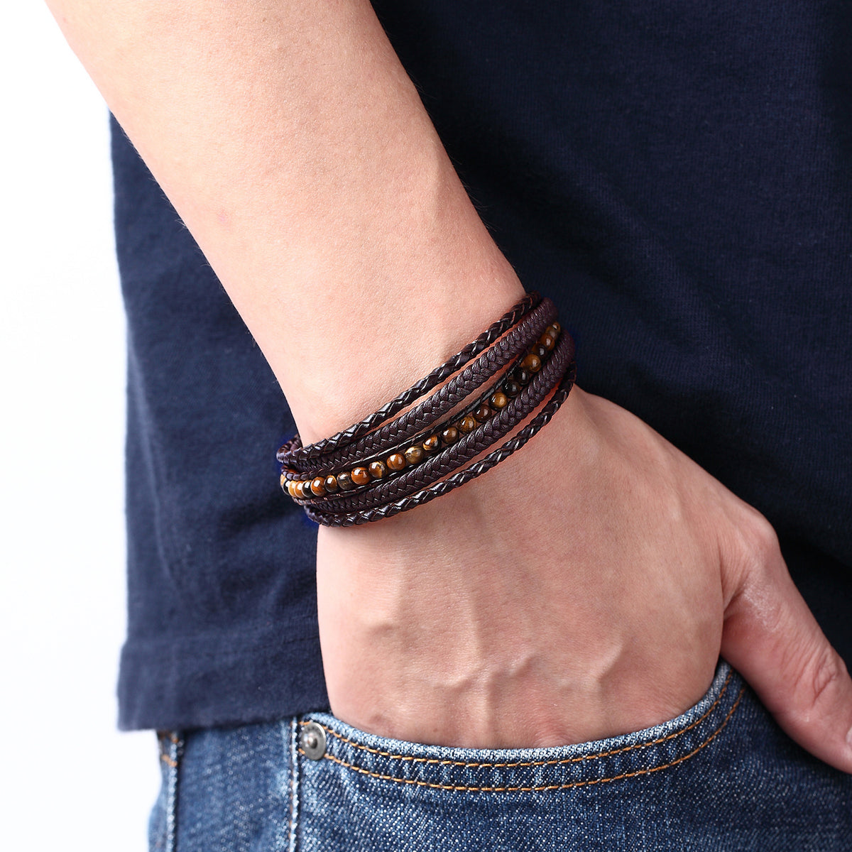 Bracelet personnalisé multi-rangs tressé, pierres naturelles, fermoir magnétique, modèle Aristote