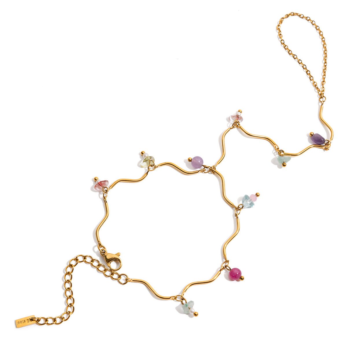 Bijou de main doré en acier inoxydable avec chaîne ondulée et pierres naturelles multicolores fines.