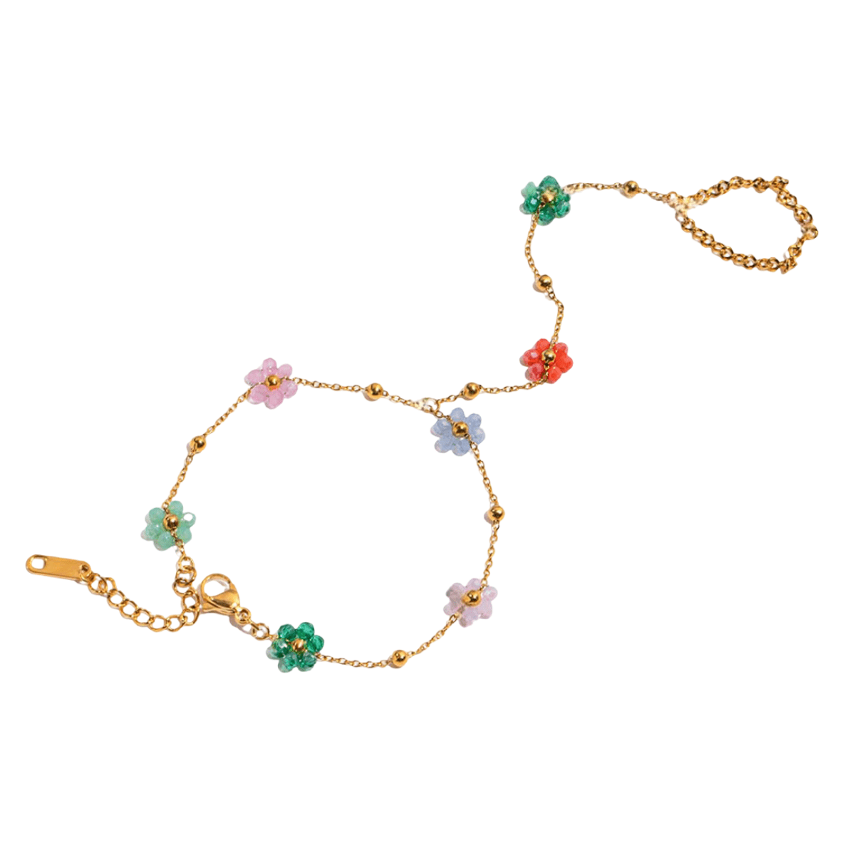 Bijou de main en acier inoxydable doré avec petites fleurs multicolores et chaîne fine délicate.