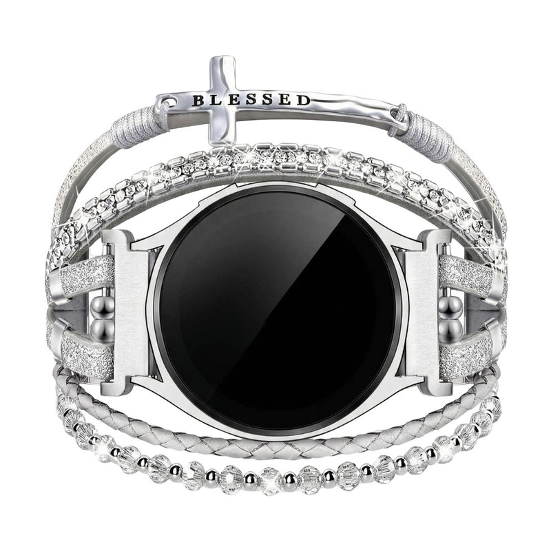 Armbånd til Samsung-ur / Garmin-ur / Ice-ur / Huawei-ur, flerstrenget i flettet læder og rustfrit stål, funklende glassten og indgraveret kors med teksten "Blessed", model Nadine