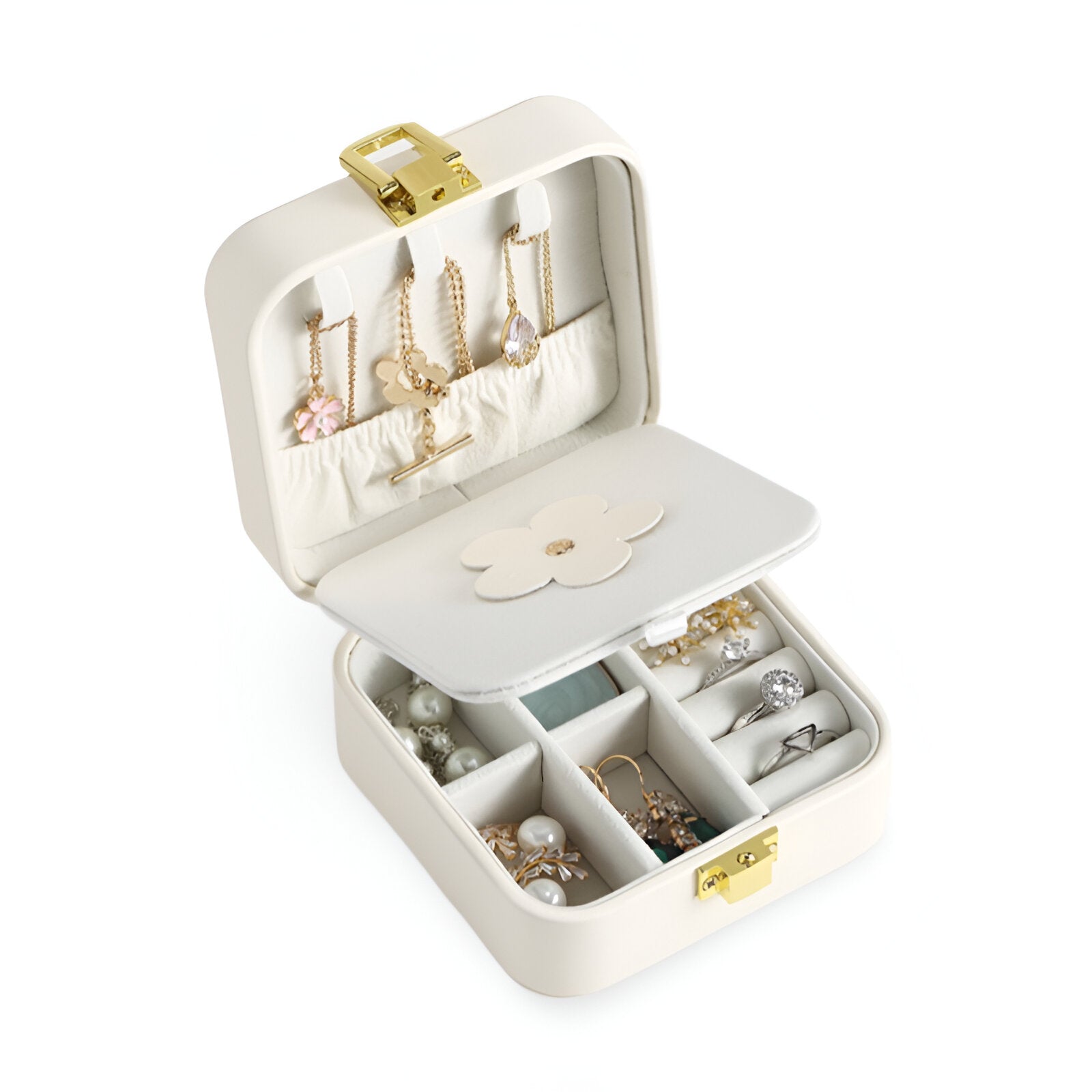 Boîte à bijoux blanche compacte en cuir, double compartiment avec fermeture dorée, fleur décorative à l'intérieur, rangement .