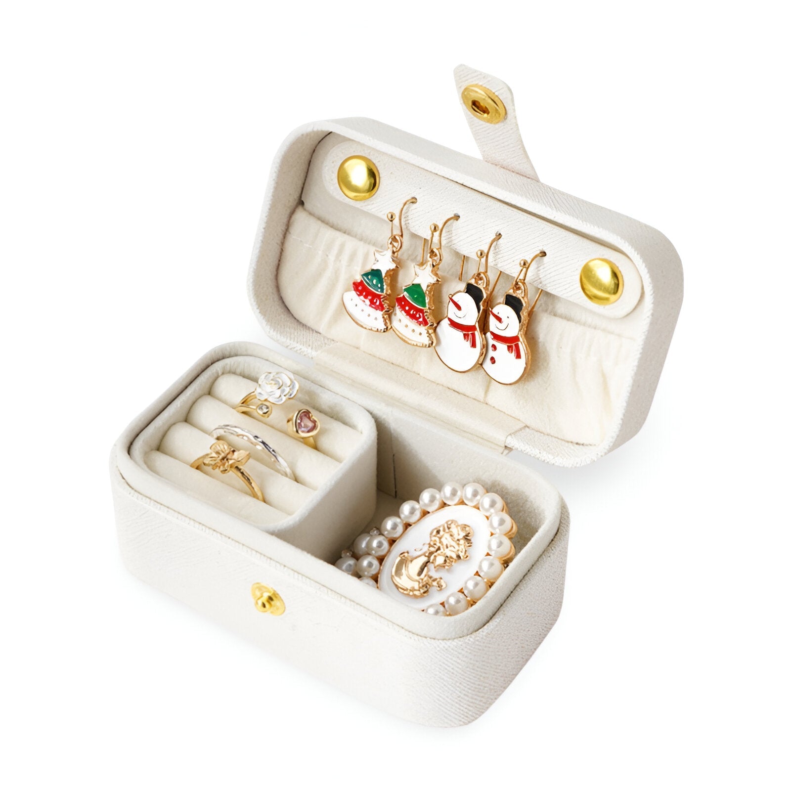 Boîte à bijoux nomade blanche en cuir, rangement avec crochets pour boucles d’oreilles et compartiments pour bagues et.