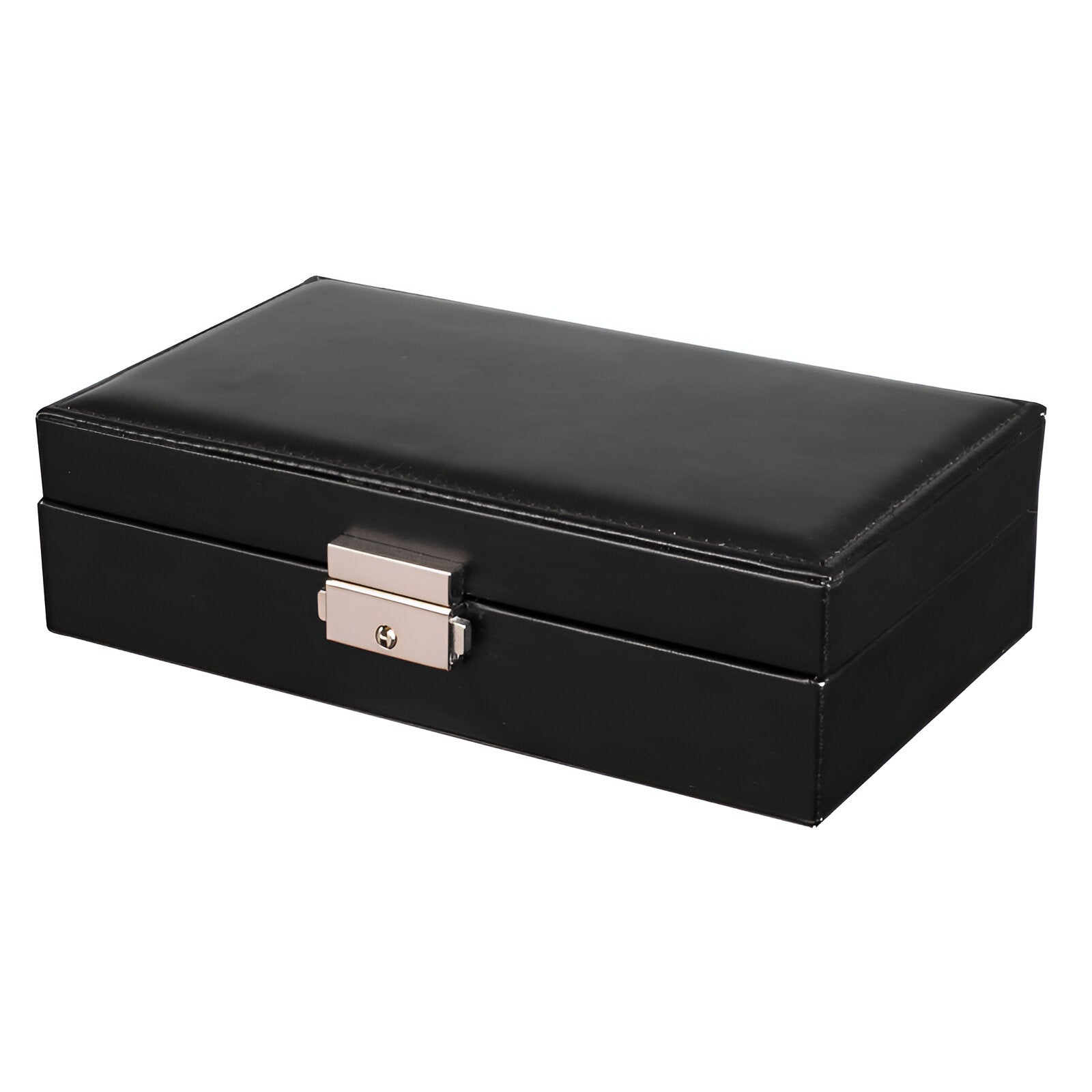 Boîte à bijoux nomade noire en cuir avec fermeture argentée, style élégant et compact.